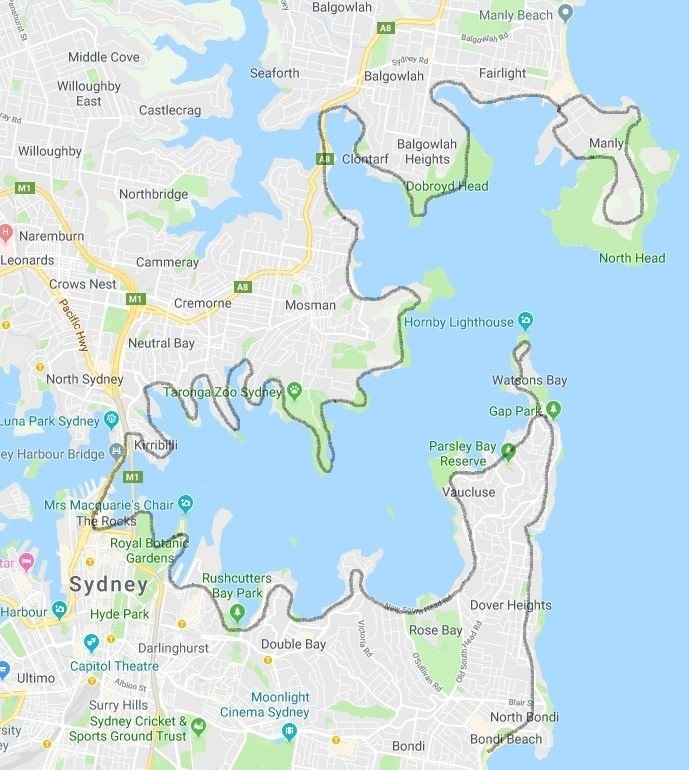 Map and route of the Bondi to Manly walk