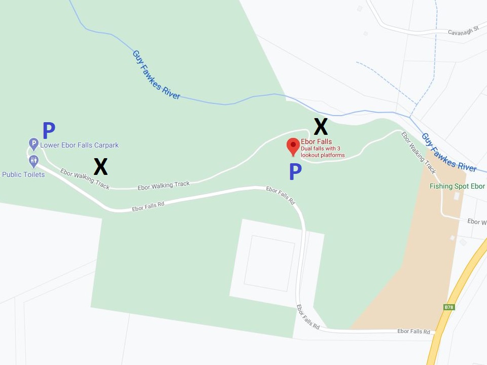 Map of Ebor Falls with parking and lookouts