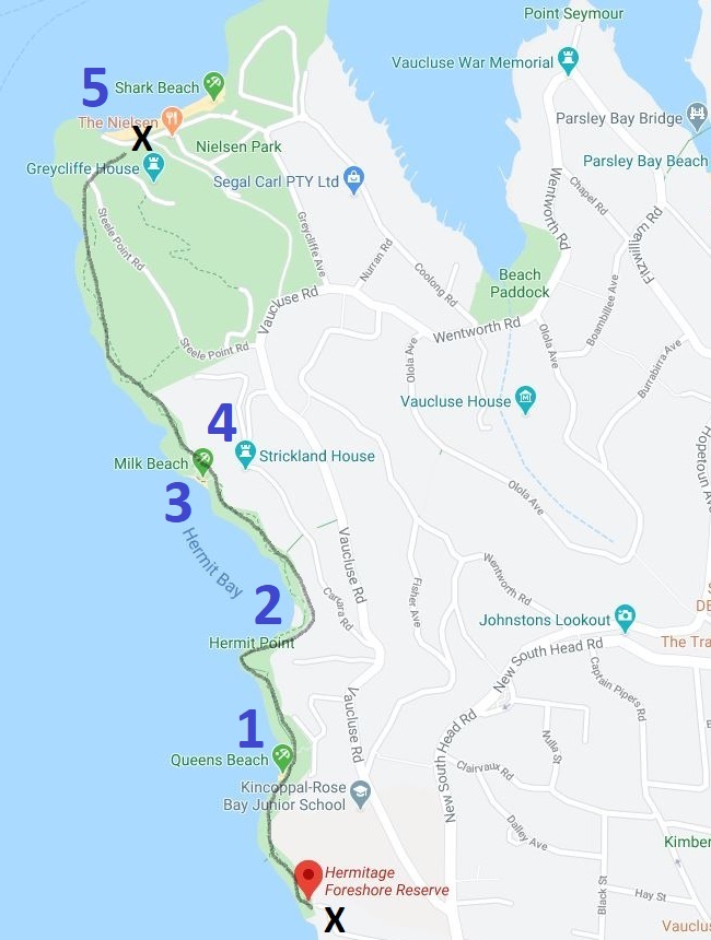 Map and route of the Hermitage Foreshore Walk