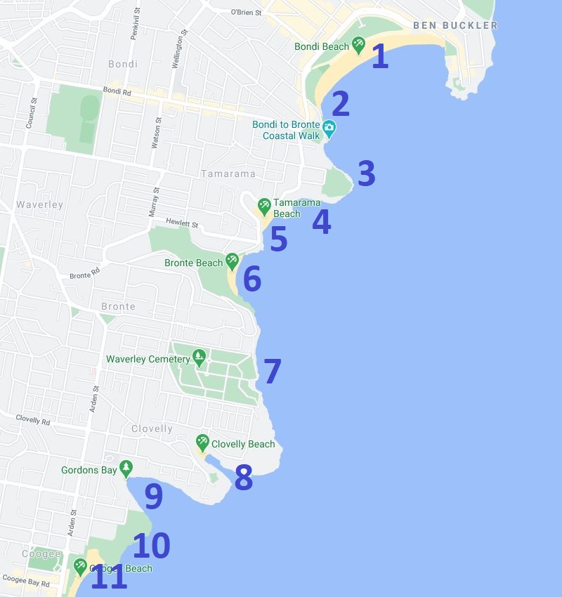 Map and route of the Bondi to Coogee walk