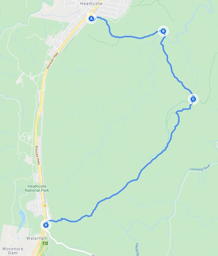 Map and route of the walking track between Heathcote and Waterfall