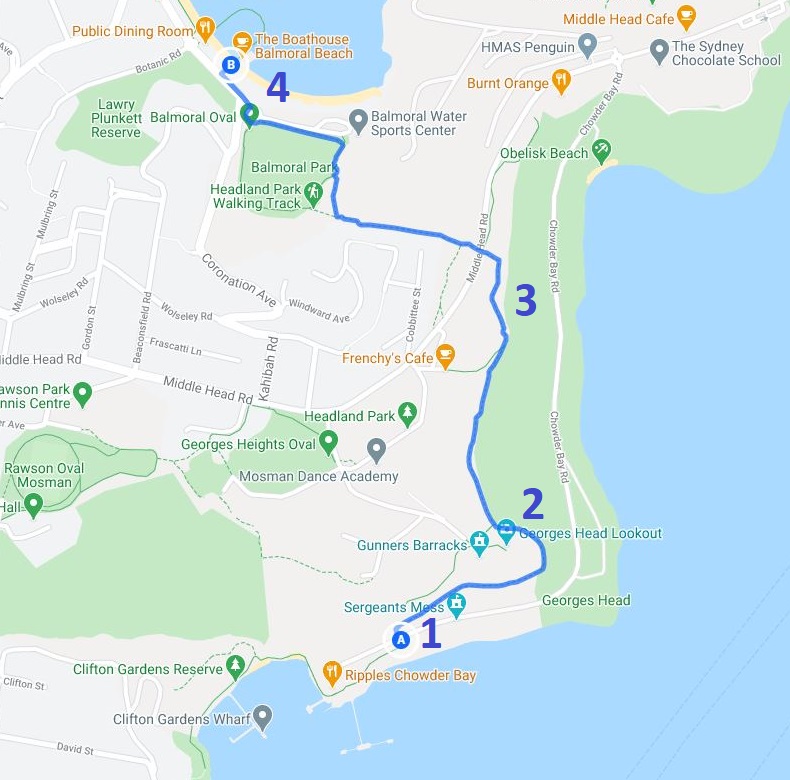 Map and route of the Chowder Bay to Balmoral walk