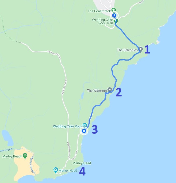 Map and route of the Wedding Cake Rock walking track
