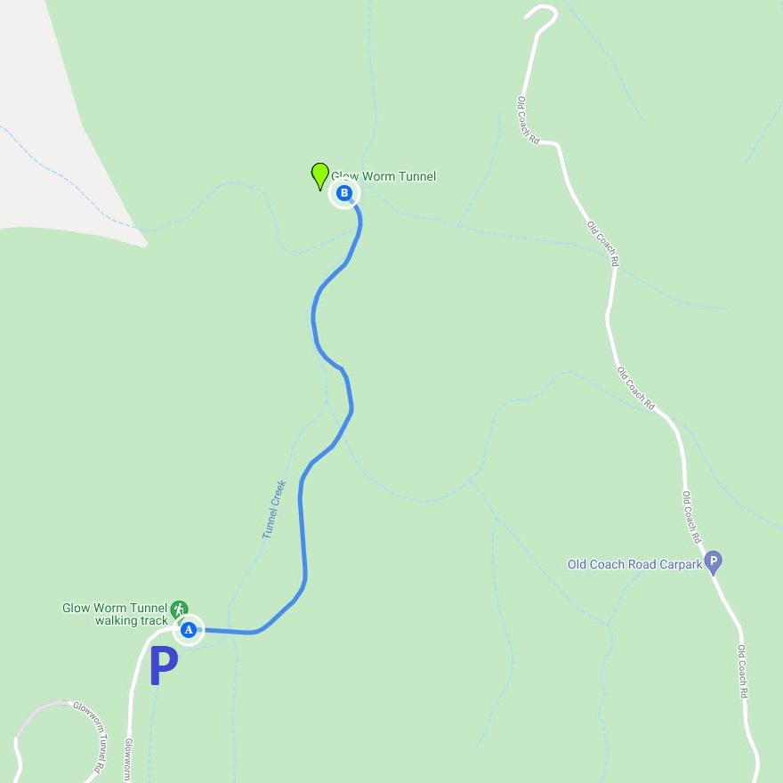 Map and route of the Glow Worm Tunnel walking track