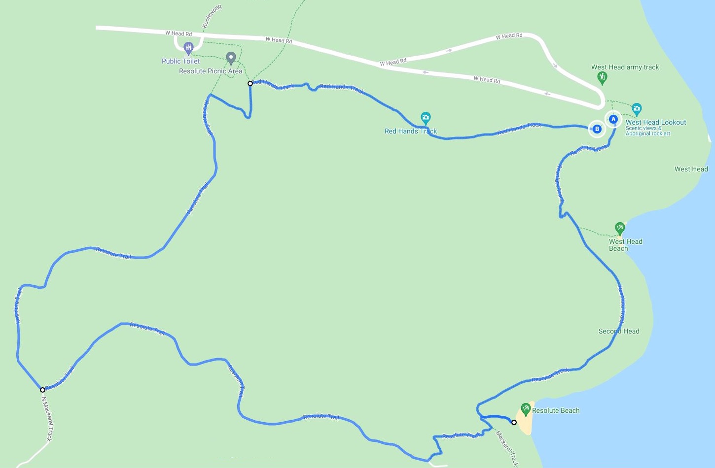 Map and route of the Resolute Beach loop trail