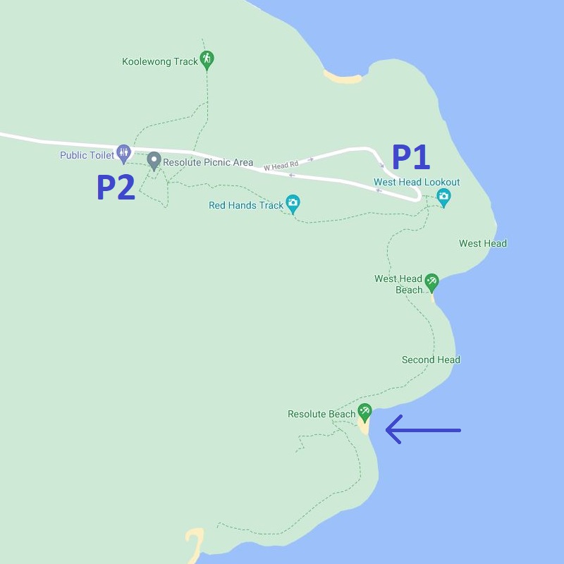 Map of Resolute Beach with parking options