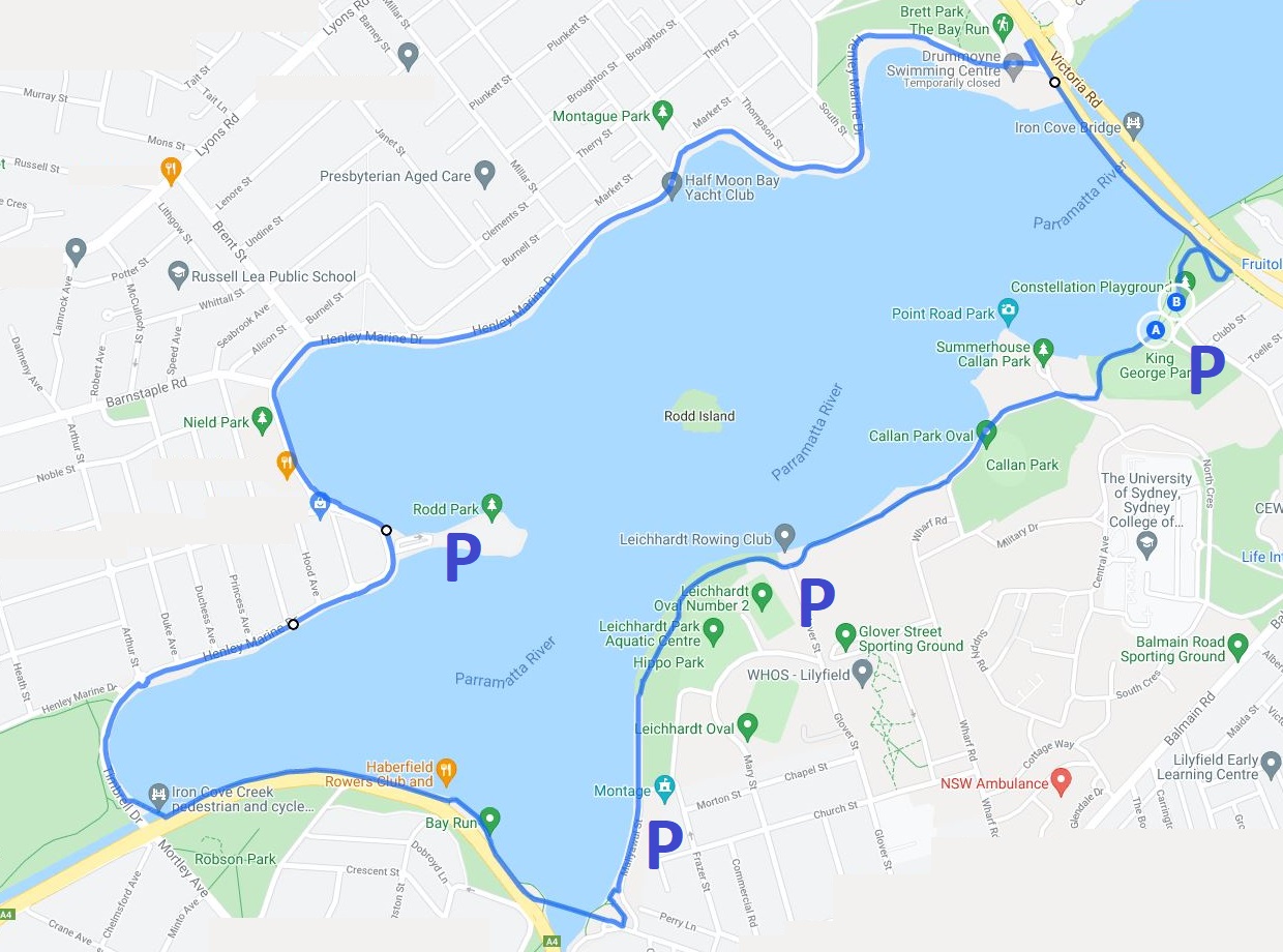 Map and route of the Bay Run in Sydney