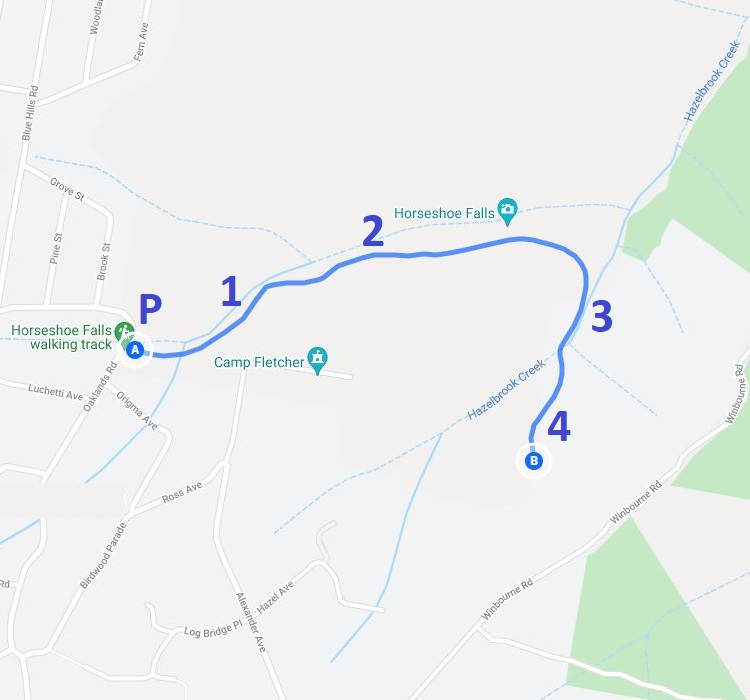 Map and route of the Horseshoe Falls track in Hazelbrook