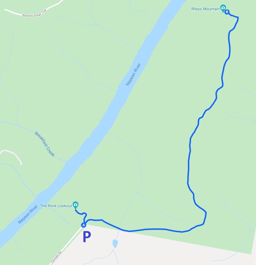 Map and route of the walk to Rock Lookout and Rileys Mountain