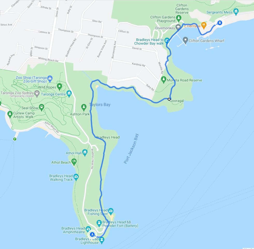 Map and route of the Bradleys Head to Chowder Bay walk