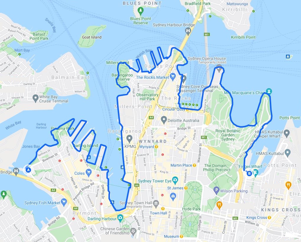 Map of the Anzac Bridge to Woolloomooloo walk