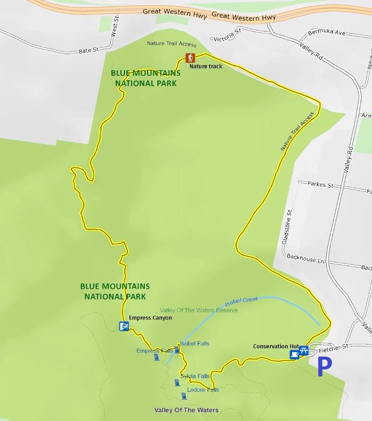 Map and route of the Nature Track in Wentworth Falls
