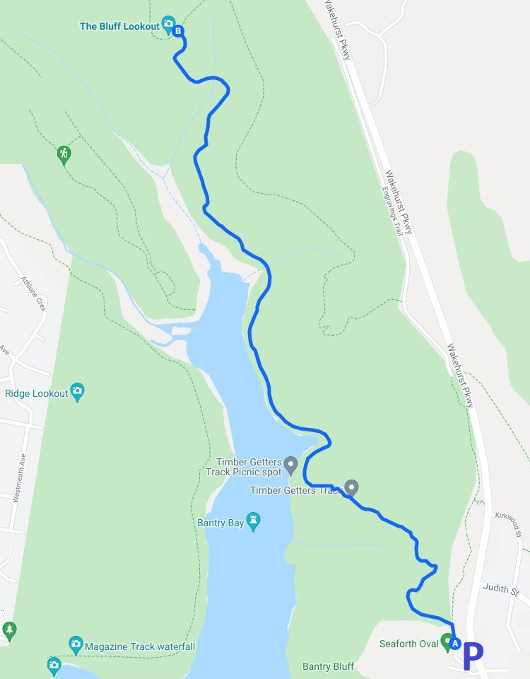 Map and route of the Seaforth Oval to Bluff Lookout walk