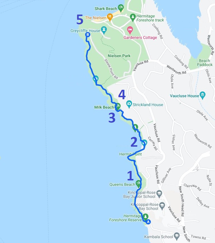 Map and route of the Hermitage Foreshore Walk