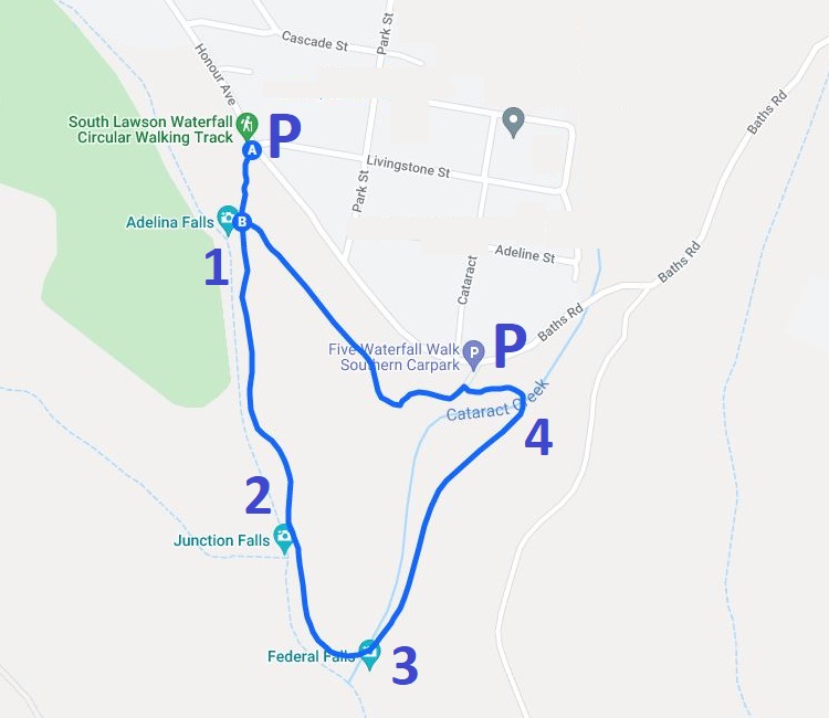 Map and route of the South Lawson waterfall circuit walk
