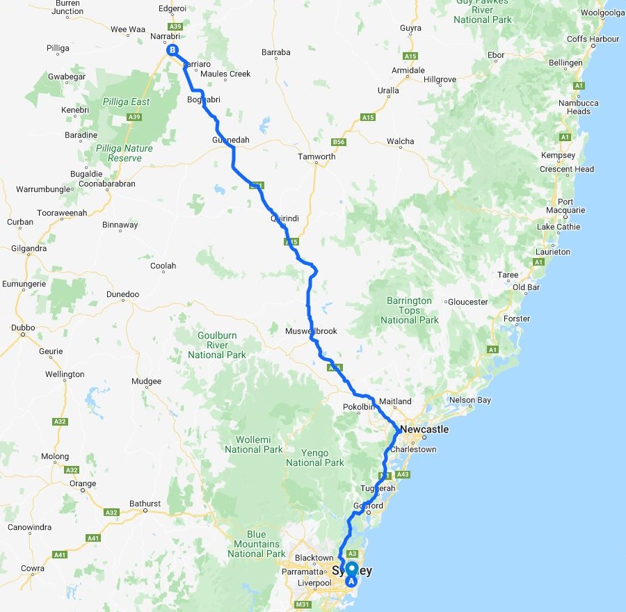 Route from Sydney to Narrabri