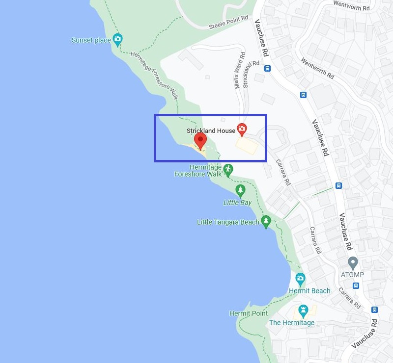 Map of Milk Beach and Strickland House