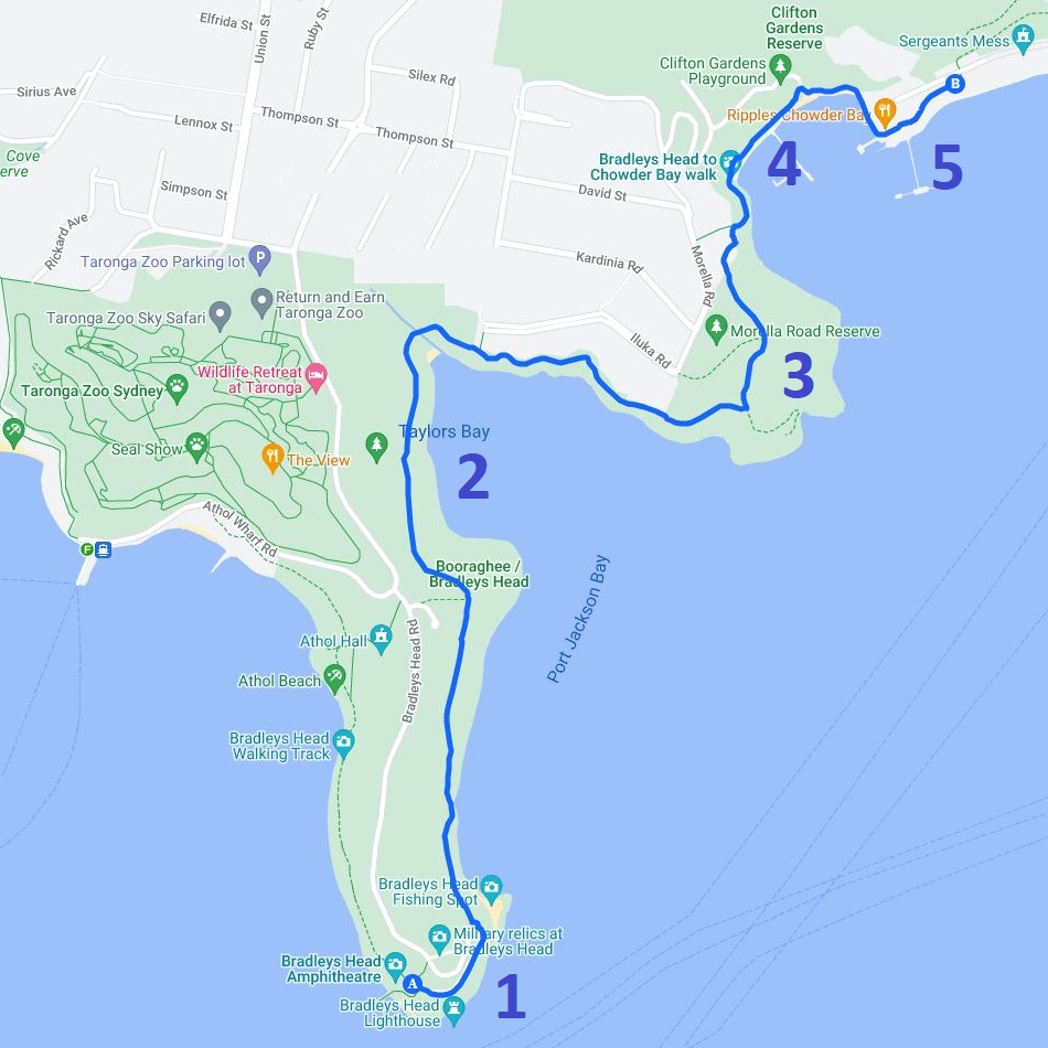 Map of the Bradleys Head to Chowder Bay walk