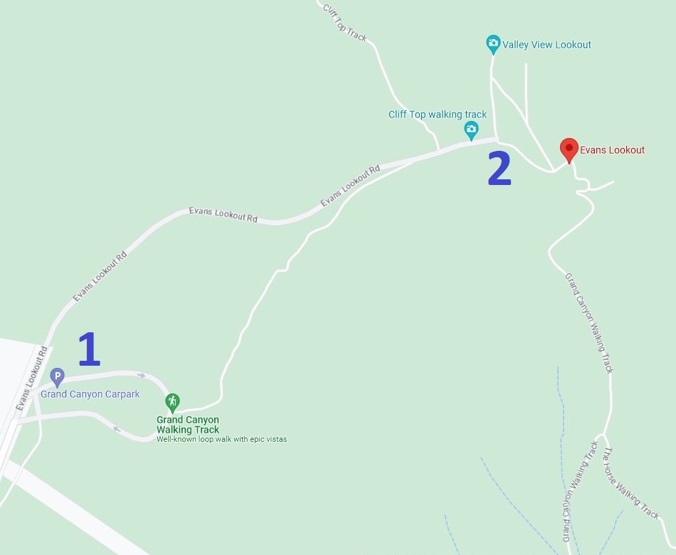 Map with parking options for Evans Lookout