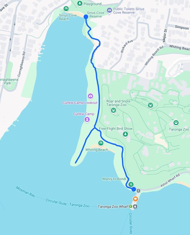 Map of the walk from Taronga Zoo Wharf to Sirius Cove Reserve