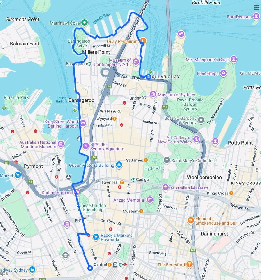 Map of the walk from Central Station to Circular Quay