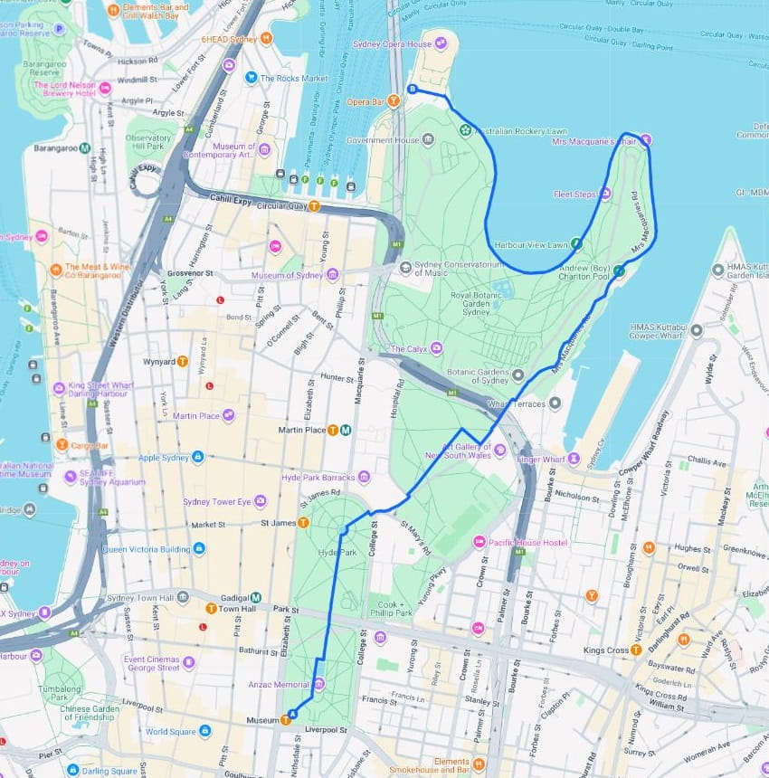 Map of the walk from Museum Station to Sydney Opera House
